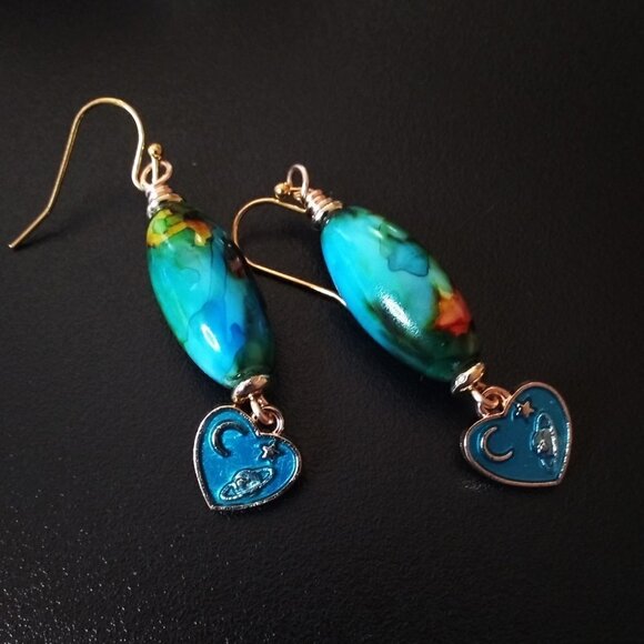 Earth Art hand crafted artisan Jewelry - 🍂🍁🍃 3/$25!!! Thick + Curvy ~ Teal Green Heart Moon Star Dangle Earrings